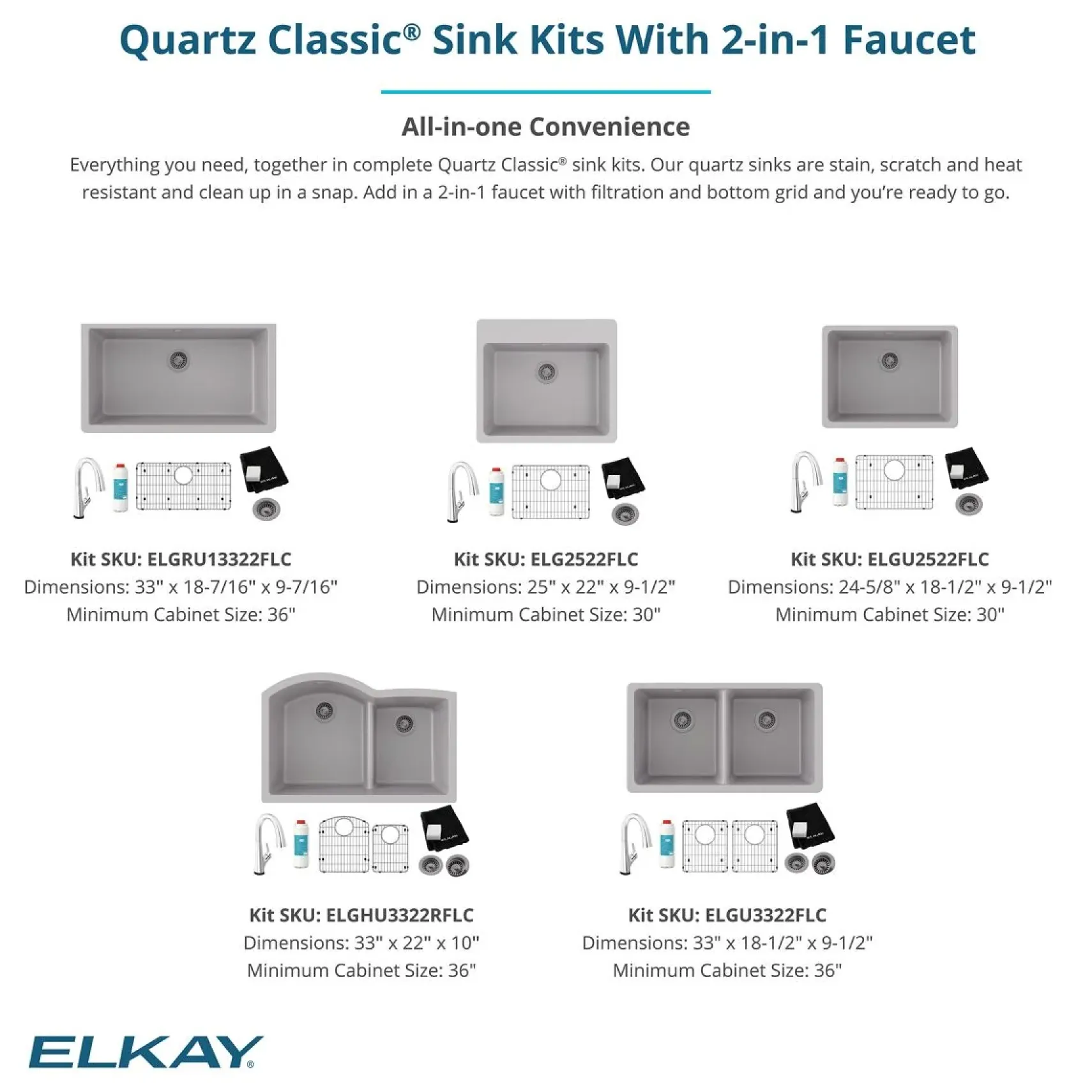 Elkay Quartz Classic 33" Undermount Quartz Kitchen Sink Kit with Faucet, 60/40 Double Bowl, Greystone, ELGHU3322RGSFLC