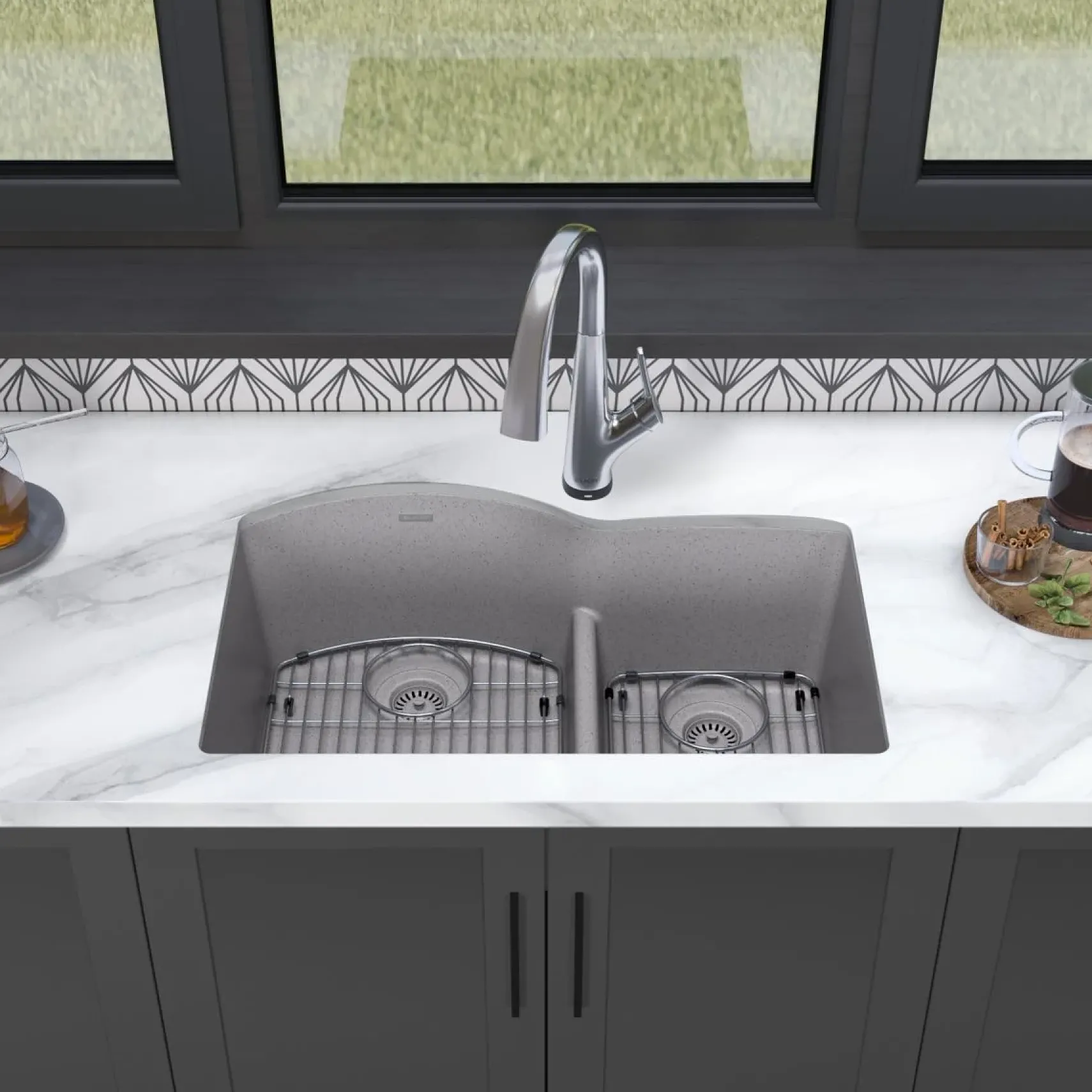 Elkay Quartz Classic 33" Undermount Quartz Kitchen Sink Kit with Faucet, 60/40 Double Bowl, Greystone, ELGHU3322RGSFLC