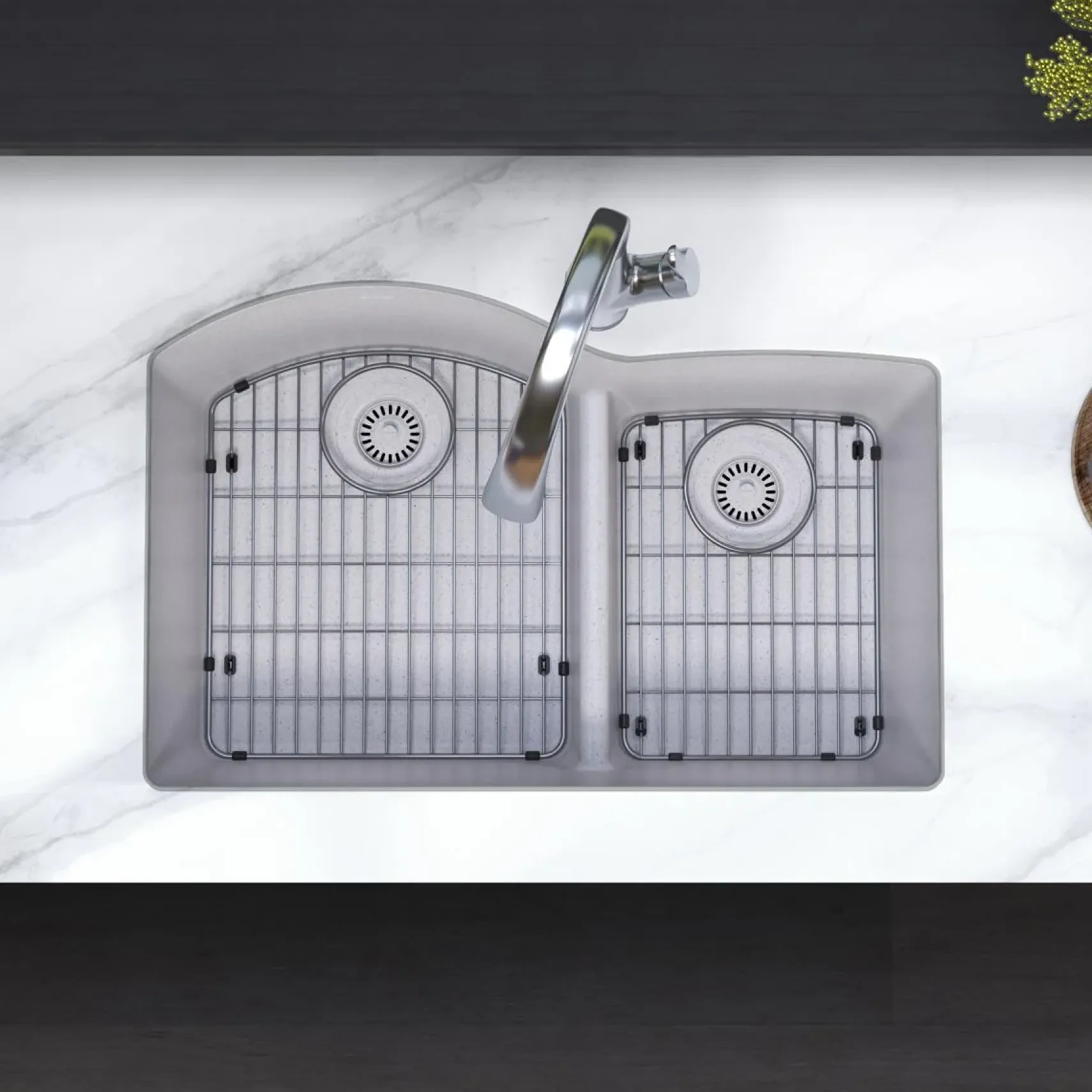 Elkay Quartz Classic 33" Undermount Quartz Kitchen Sink Kit with Faucet, 60/40 Double Bowl, Greystone, ELGHU3322RGSFLC