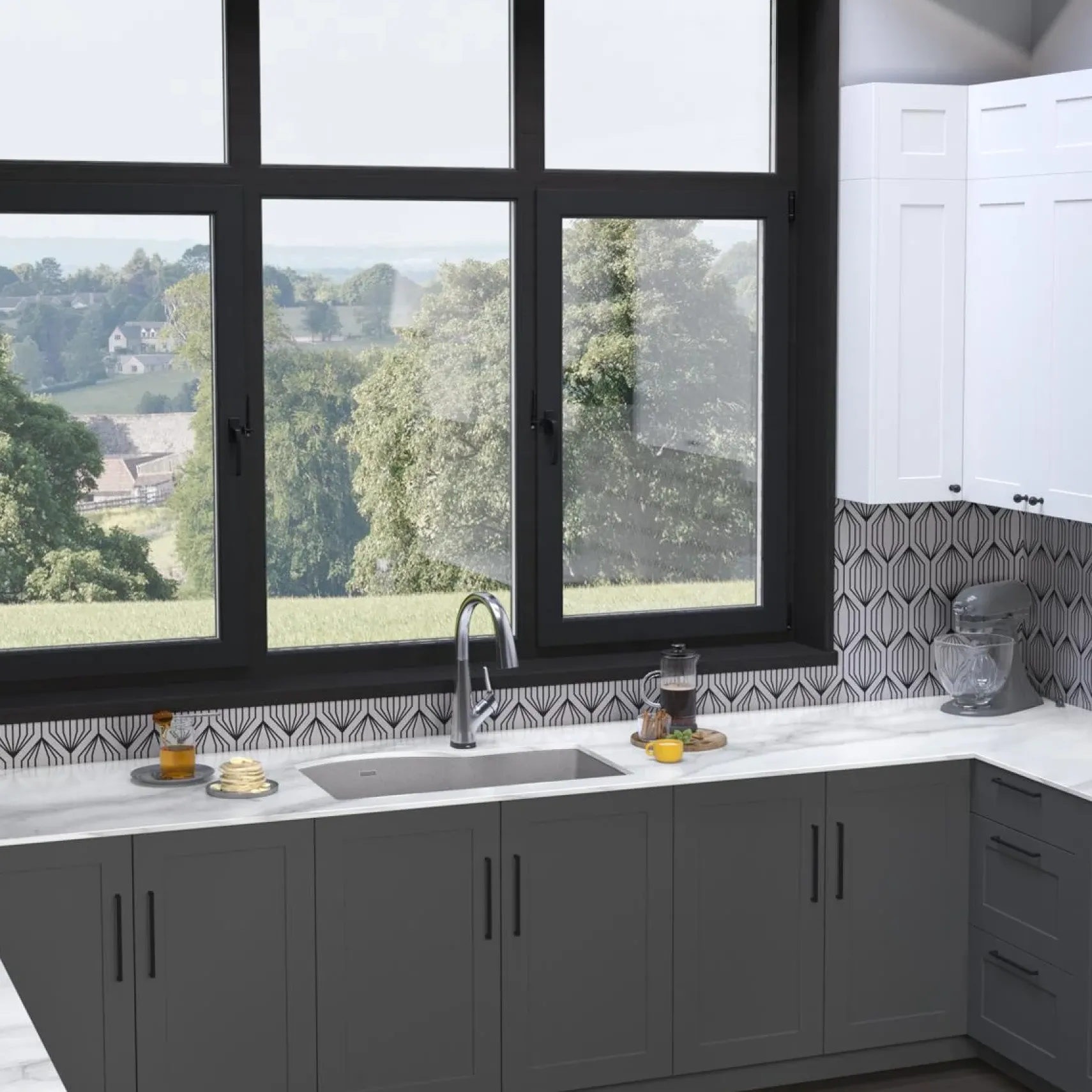 Elkay Quartz Classic 33" Undermount Quartz Kitchen Sink Kit with Faucet, 60/40 Double Bowl, Greystone, ELGHU3322RGSFLC