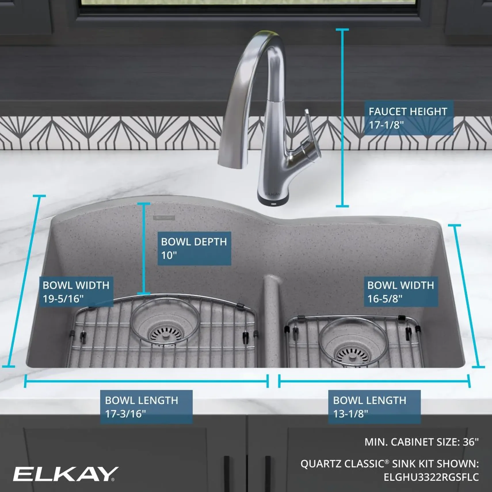 Elkay Quartz Classic 33" Undermount Quartz Kitchen Sink Kit with Faucet, 60/40 Double Bowl, Greystone, ELGHU3322RGSFLC