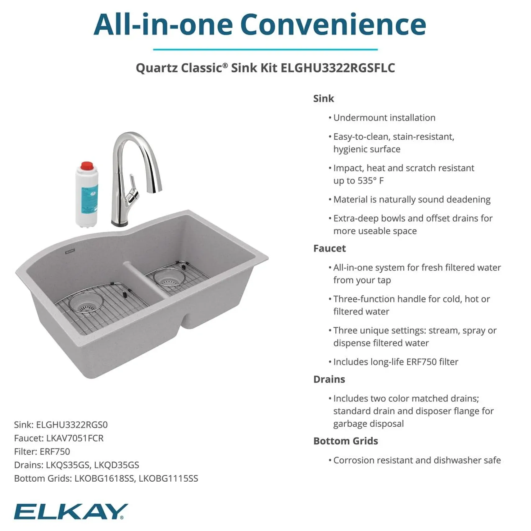Elkay Quartz Classic 33" Undermount Quartz Kitchen Sink Kit with Faucet, 60/40 Double Bowl, Greystone, ELGHU3322RGSFLC
