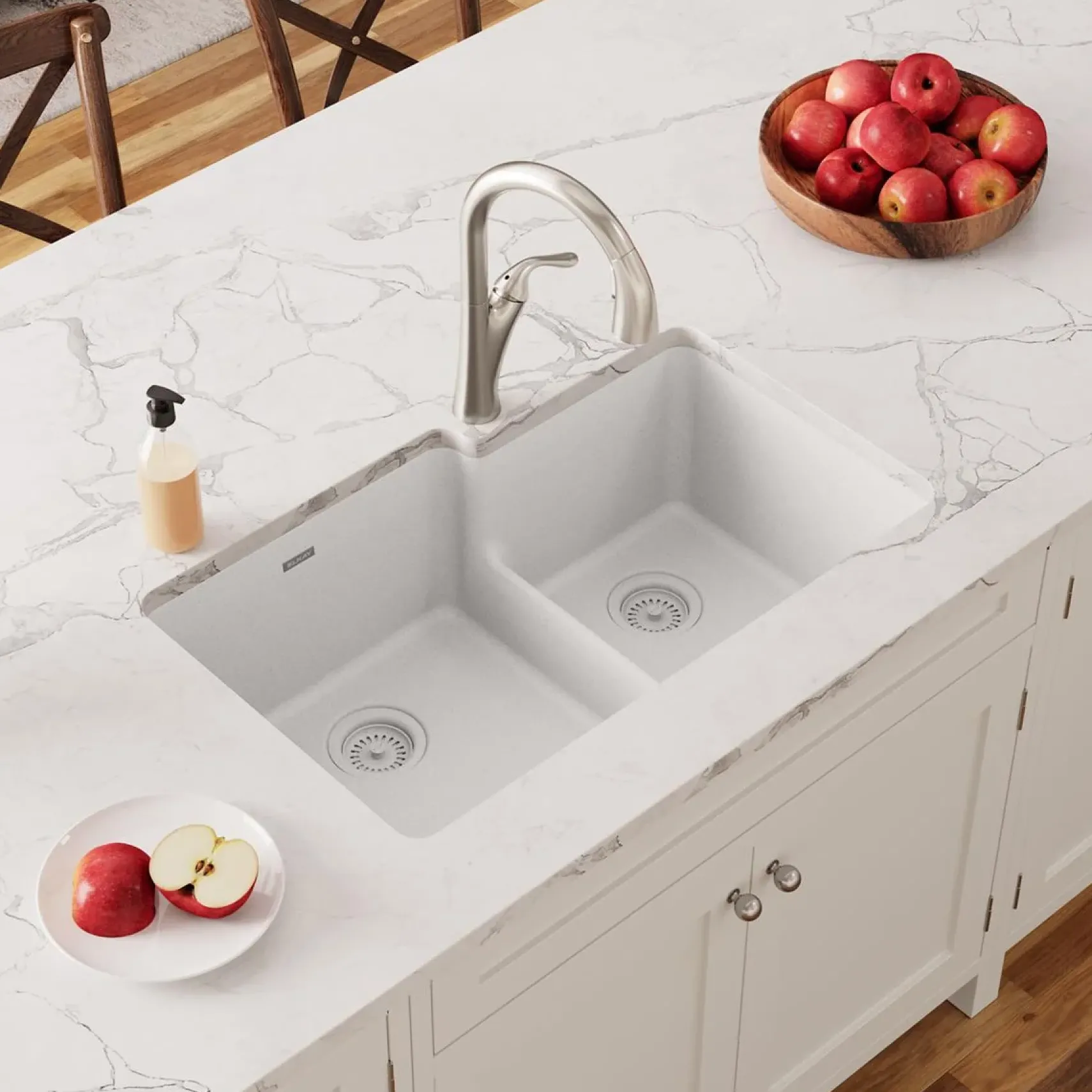 Elkay Quartz Classic 33" Undermount Quartz Kitchen Sink, 60/40 Double Bowl, White, ELGULBO3322WH0