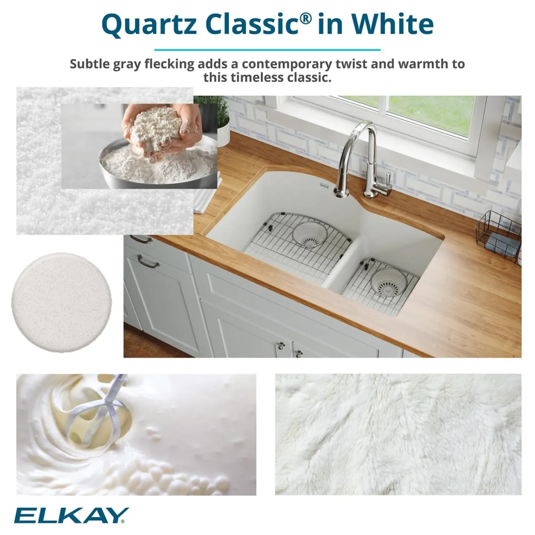 Elkay Quartz Classic 33" Undermount Quartz Kitchen Sink, 60/40 Double Bowl, White, ELGULBO3322WH0