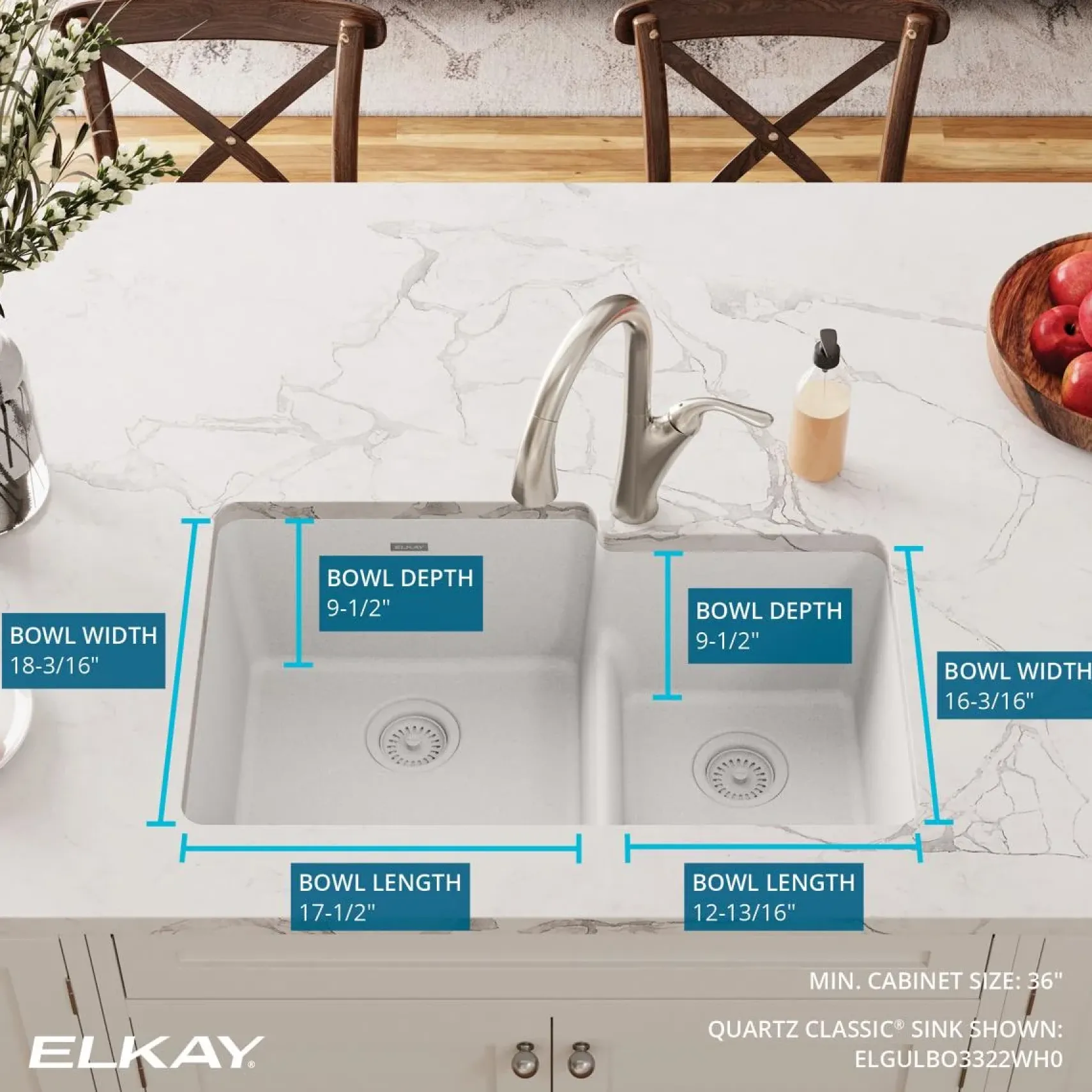 Elkay Quartz Classic 33" Undermount Quartz Kitchen Sink, 60/40 Double Bowl, White, ELGULBO3322WH0