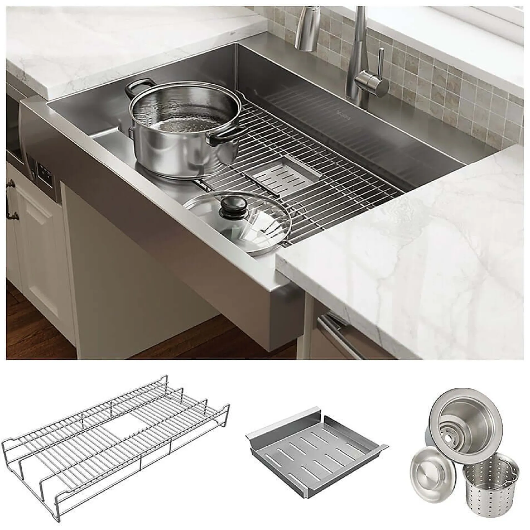 Elkay 36" Stainless Steel ADA Compliant Workstation Farmhouse Sink, Polished Satin, 1 Faucet Hole, ELDSSF36279DBG