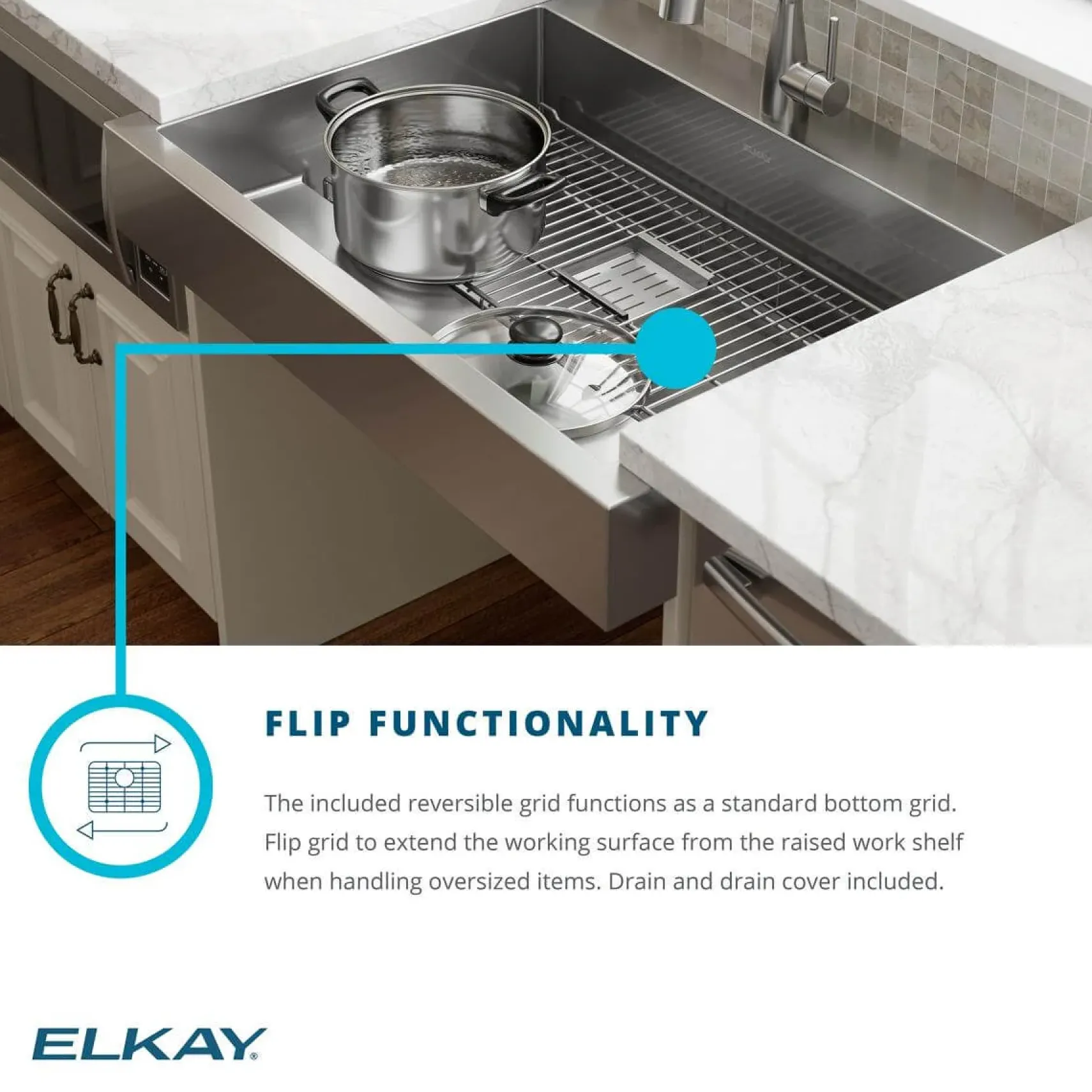 Elkay 36" Stainless Steel ADA Compliant Workstation Farmhouse Sink, Polished Satin, 1 Faucet Hole, ELDSSF36279DBG