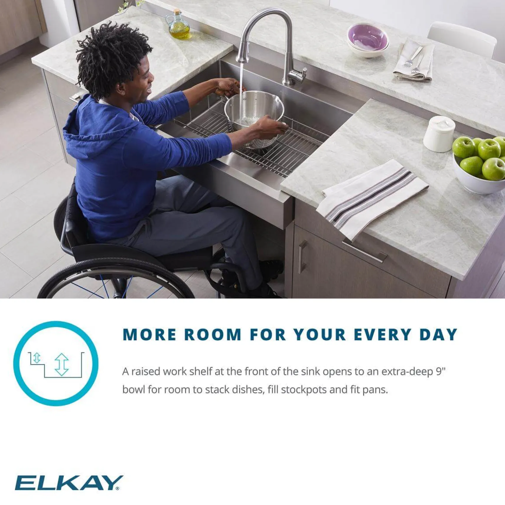 Elkay 33" Stainless Steel ADA Compliant Workstation Farmhouse Sink, Polished Satin, 1 Faucet Hole, ELDSSF33279DBG