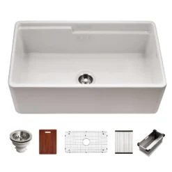 HamatUSA by Houzer Chelsea 33" Apron-Front Split-Level Workstation Single Bowl Fireclay Sink - White, CHE-3320SAW WH-C