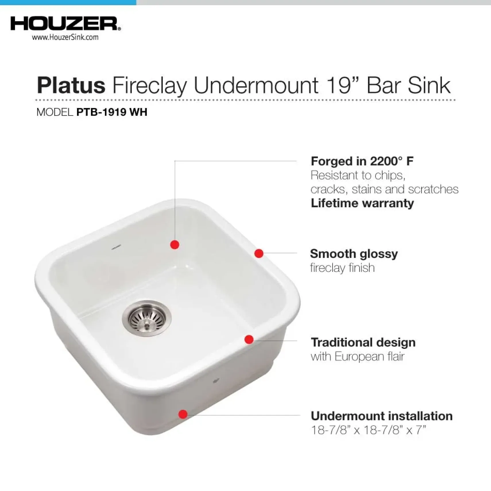 Houzer 19" Fireclay Undermount Bar Sink, White, Platus Series, PTB-1919 WH