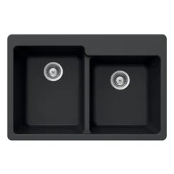 Houzer 33" Granite Topmount 60/40 Double Bowl Kitchen Sink, Black, M-175 MIDNITE