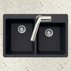 Houzer 33" Granite Topmount 60/40 Double Bowl Kitchen Sink, Black, M-175 MIDNITE