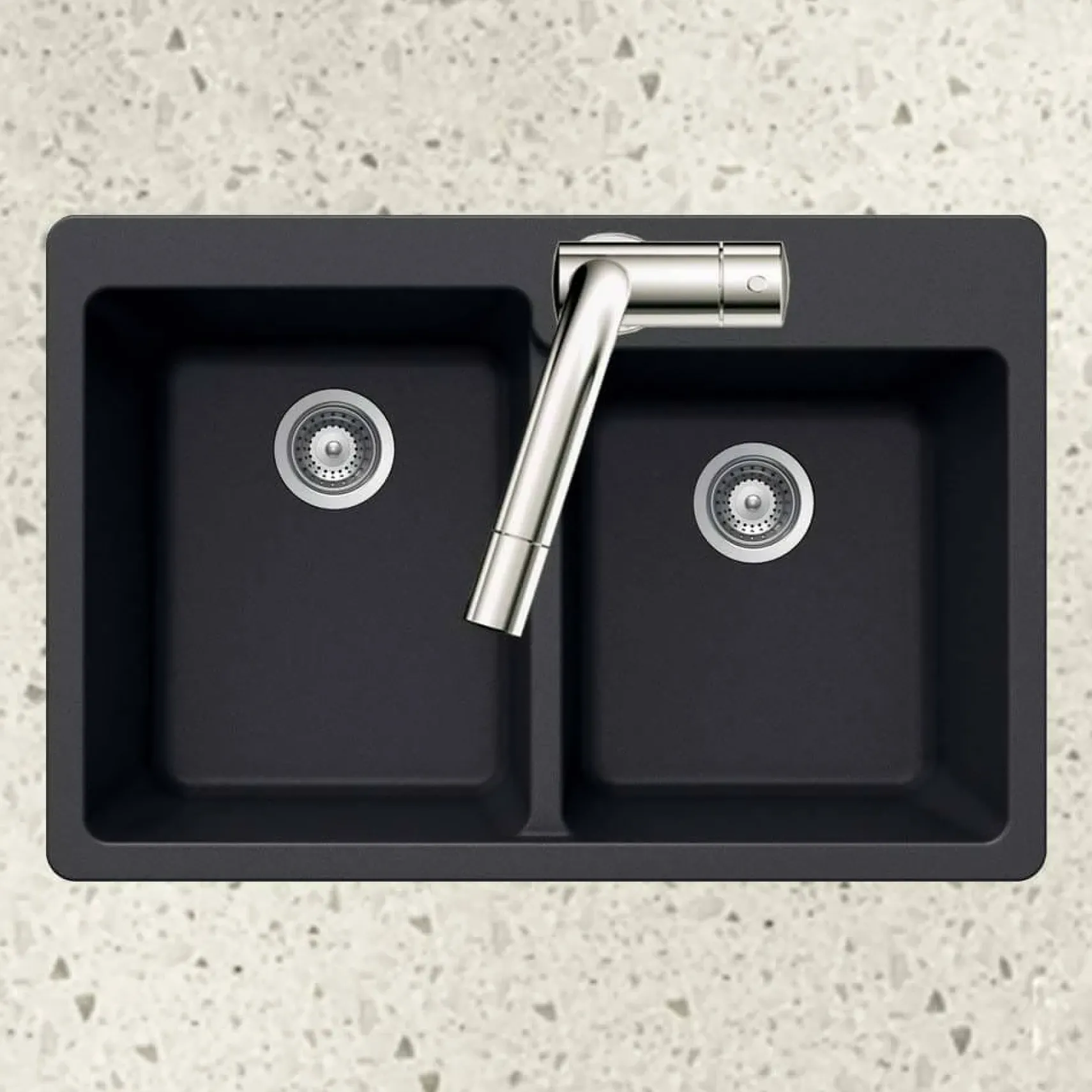 Houzer 33" Granite Topmount 60/40 Double Bowl Kitchen Sink, Black, M-175 MIDNITE