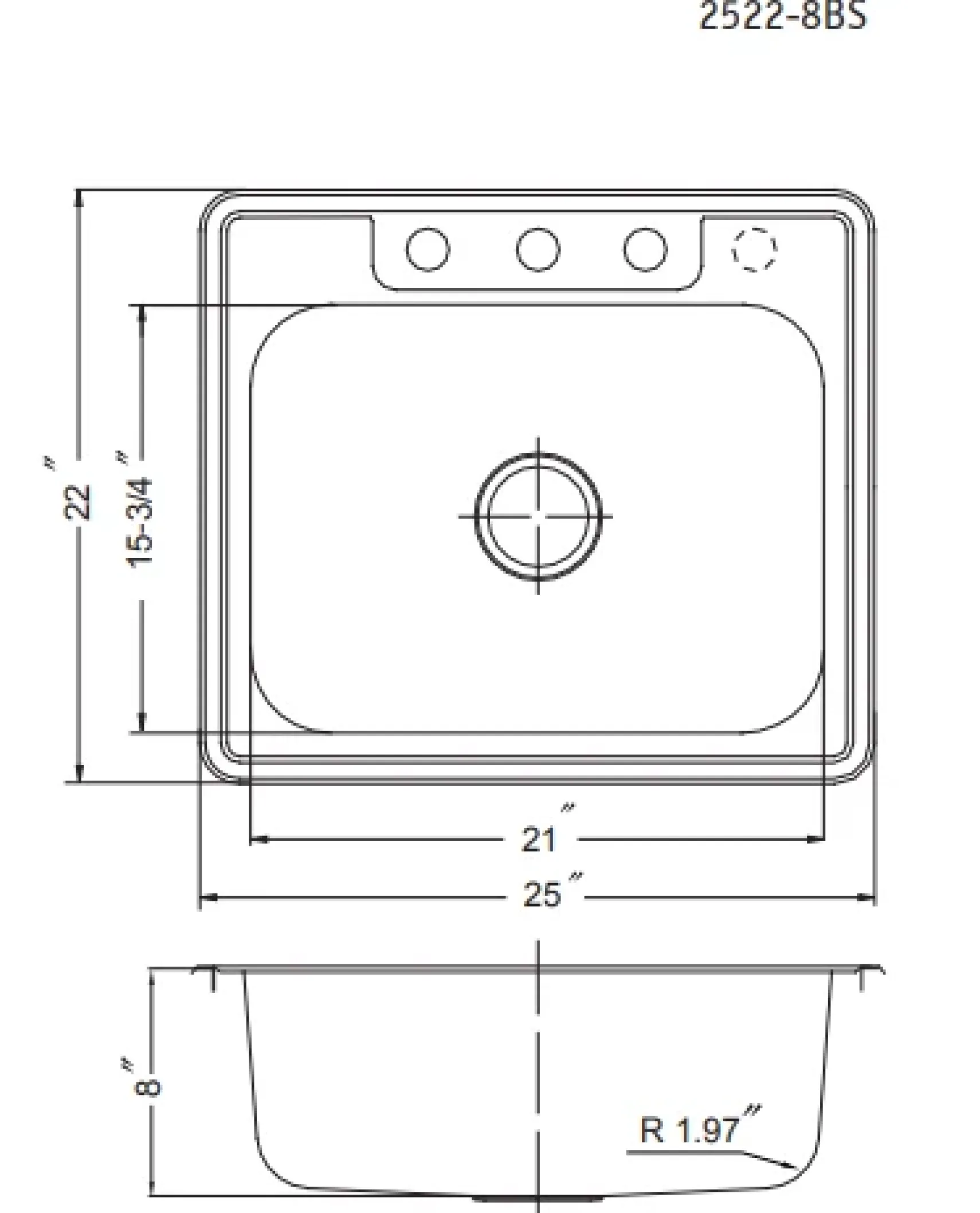 Houzer 25" Stainless Steel Topmount Single Bowl Kitchen Sink, 20 Gauge, 2522-8BS4-1