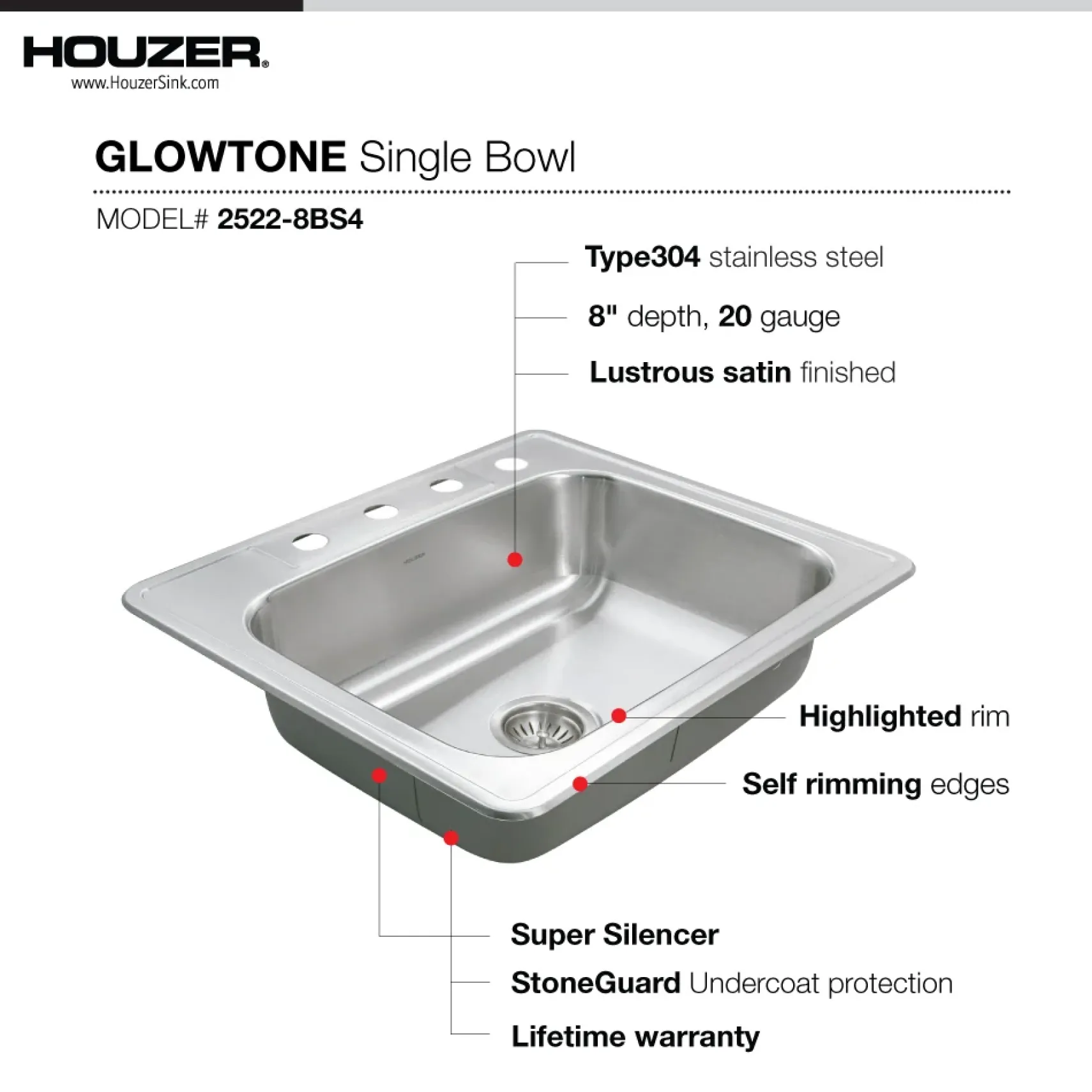 Houzer 25" Stainless Steel Topmount Single Bowl Kitchen Sink, 20 Gauge, 2522-8BS4-1