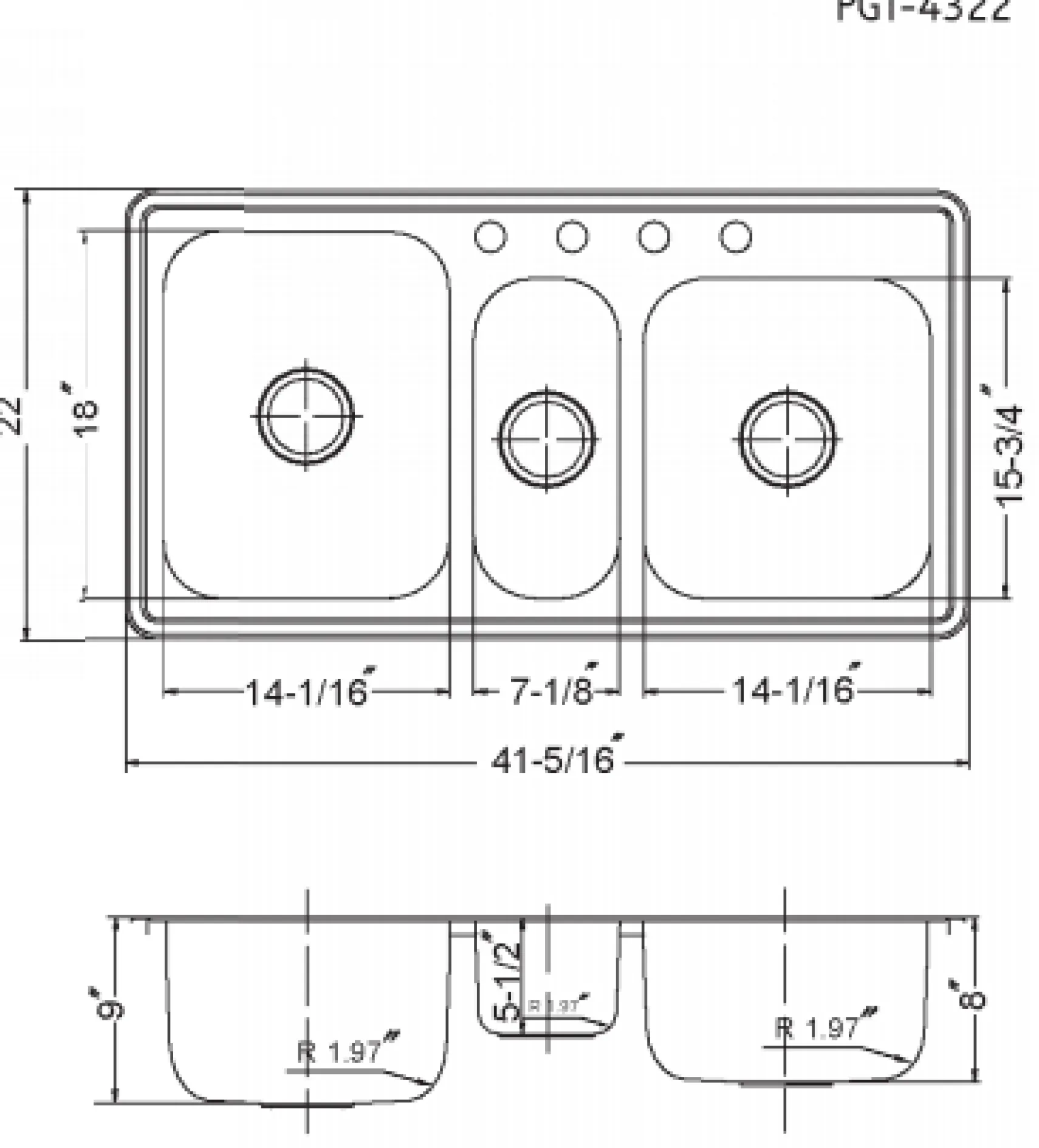 Houzer 41" Stainless Steel Topmount Triple Bowl Kitchen Sink, 18 Gauge, PGT-4322-1