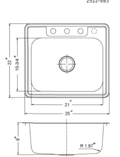 Houzer 25" Stainless Steel Topmount Single Bowl Kitchen Sink, 18 Gauge, 2522-9BS4-1