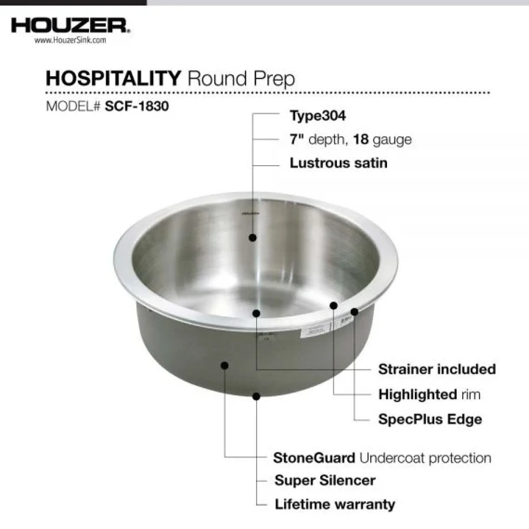 Houzer 18" Stainless Steel Topmount Round Single Bowl Bar Sink, SCF-1830-1