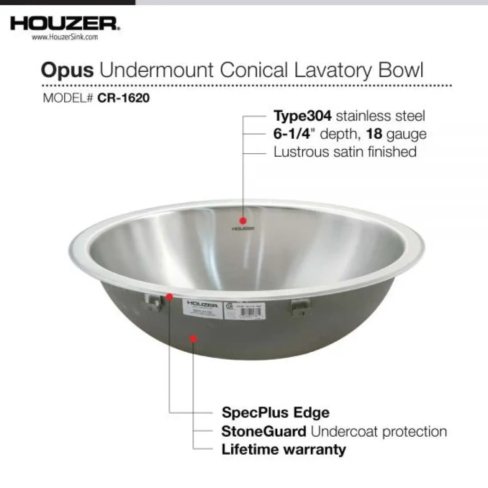Houzer 17" Stainless Steel Undermount Bathroom Sink, Round, CR-1620-1