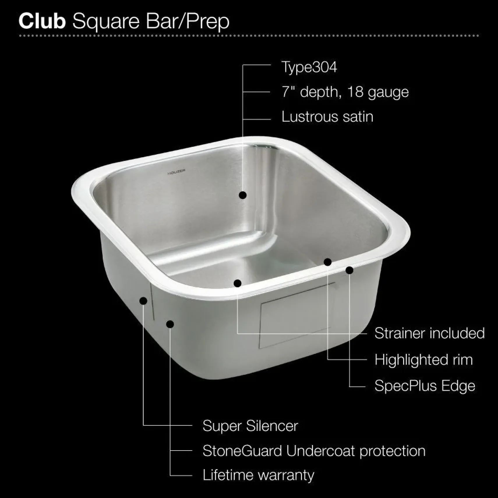 Houzer 16" Stainless Steel Undermount Club Prep/Large Bar Sink Bar Sink, MS-1708-1