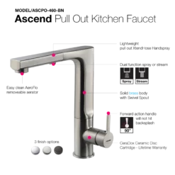 Houzer Ascend Pull Out Kitchen Faucet Brushed Nickel, ASCPO-460-BN