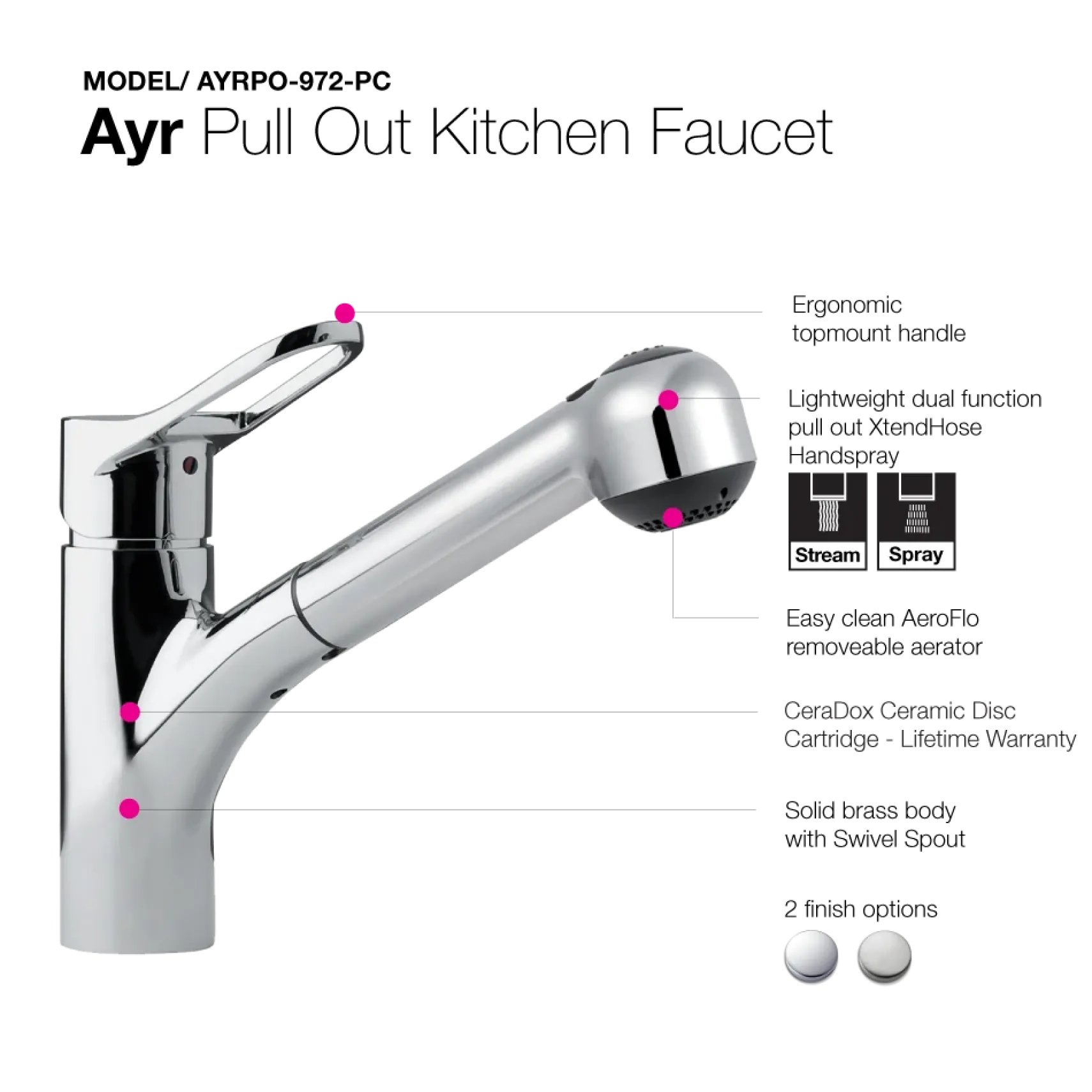 Houzer Ayr Pull Out Kitchen Faucet with CeraDox Technology Polished Chrome, AYRPO-972-PC