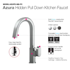 Houzer Azura Hidden Pull Down Kitchen Faucet with CeraDox Technology Polished Chrome, AZUPD-968-PC