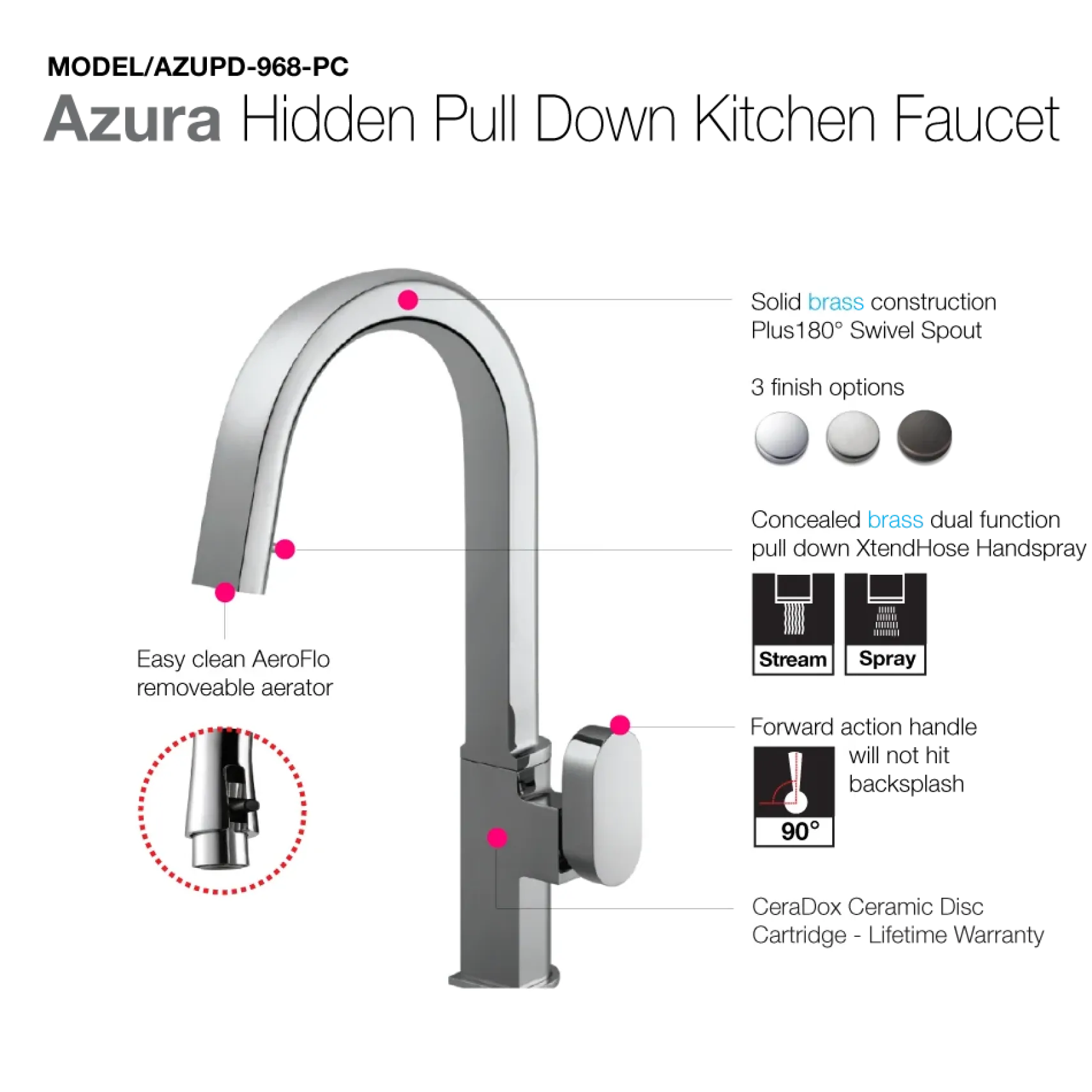 Houzer Azura Hidden Pull Down Kitchen Faucet with CeraDox Technology Polished Chrome, AZUPD-968-PC
