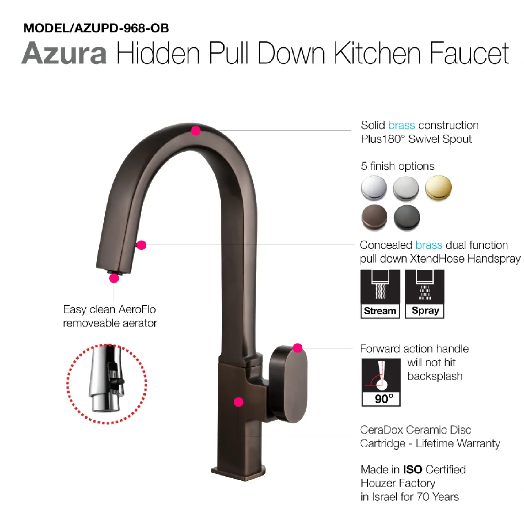 Houzer Azura Hidden Pull Down Kitchen Faucet Oil Rubbed Bronze, AZUPD-968-OB