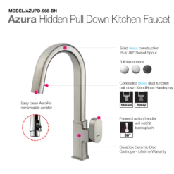 Houzer Azura Hidden Pull Down Kitchen Faucet Brushed Nickel, AZUPD-968-BN