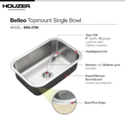 Houzer Belleo 27 inch Stainless Steel Drop-in Topmount Single Bowl Kitchen Sink with Strainer & Grid - 18 Gauge, BSS-2700