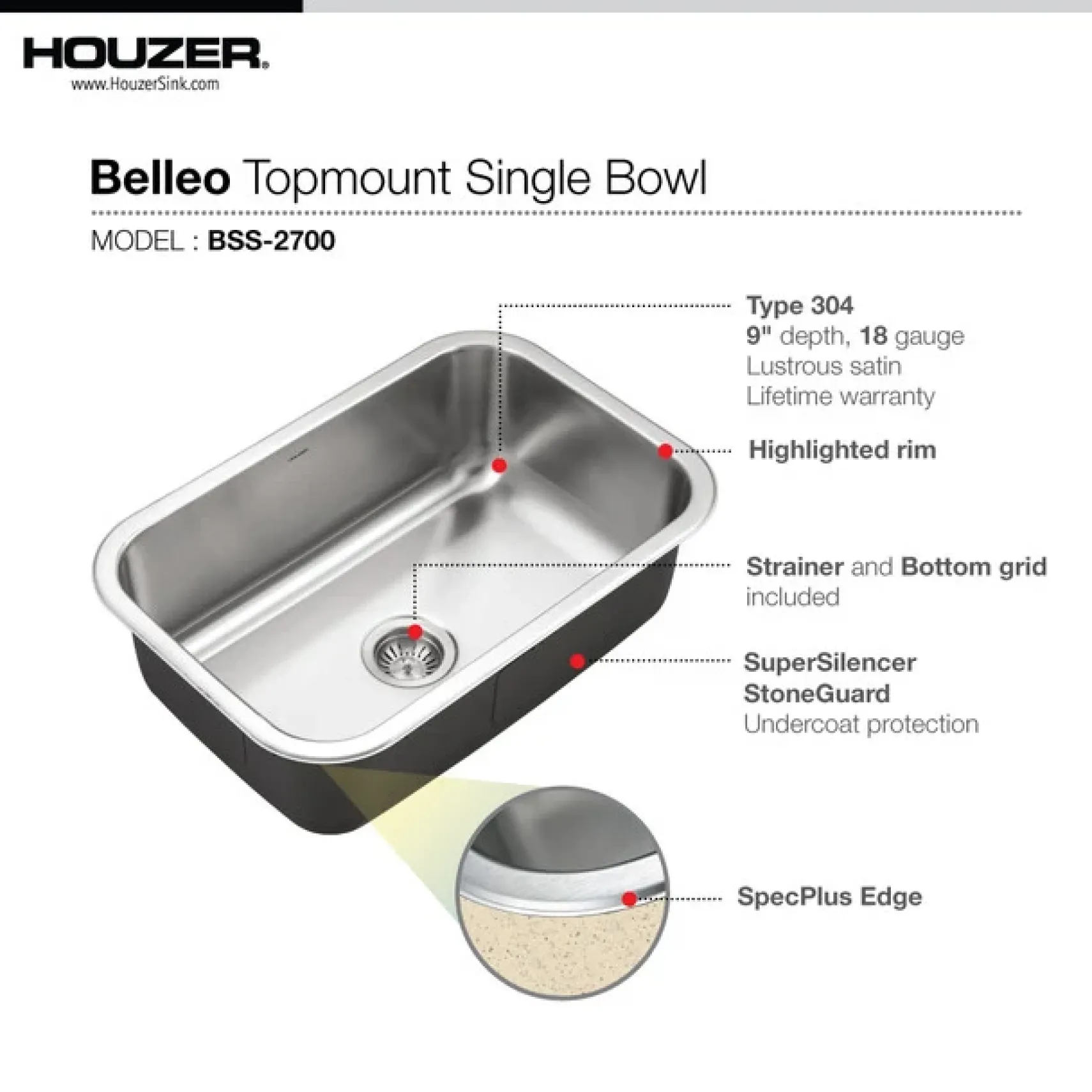 Houzer Belleo 27 inch Stainless Steel Drop-in Topmount Single Bowl Kitchen Sink with Strainer & Grid - 18 Gauge, BSS-2700