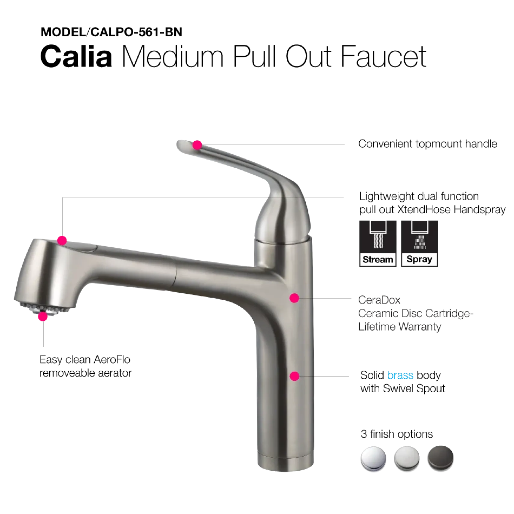 Houzer Calia Pull Out Kitchen Faucet Brushed Nickel, CALPO-561-BN