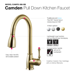 Houzer Camden Pull Down Kitchen Faucet Brushed Brass, CAMPD-368-BB