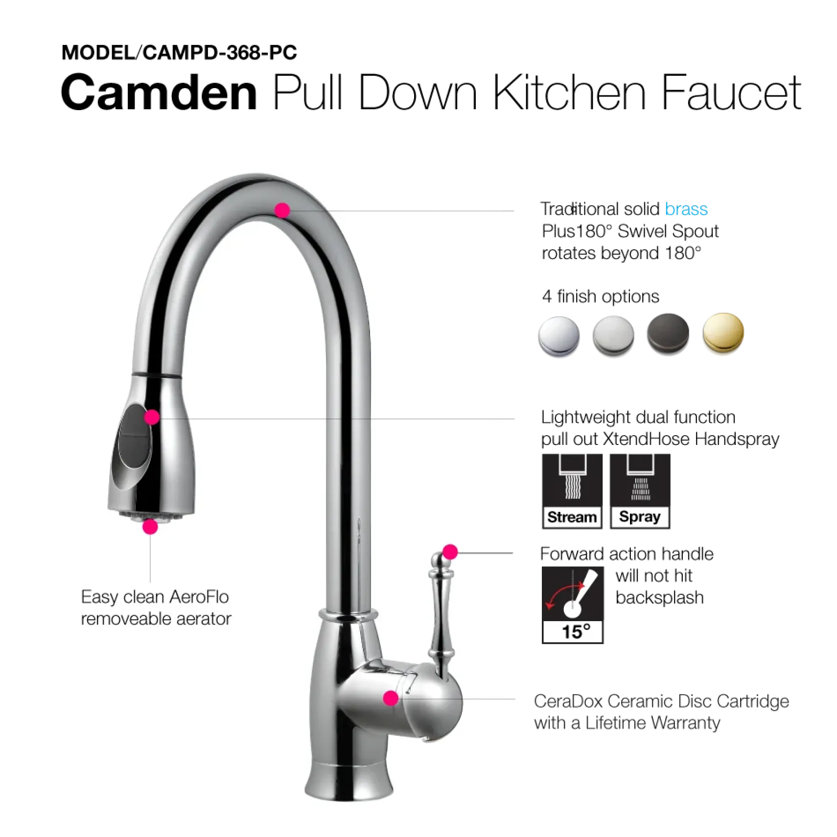 Houzer Camden Pull Down Kitchen Faucet with CeraDox Technology Polished Chrome, CAMPD-368-PC