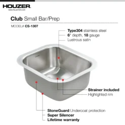 Houzer Club 13 inch Stainless Steel Undermount Bar Sink with Strainer & Grid - 18 Gauge, CS-1307-C