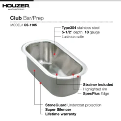 Houzer Club 10 inch Stainless Steel Undermount Bar Sink with Strainer & Grid - 18 Gauge, CS-1105-C