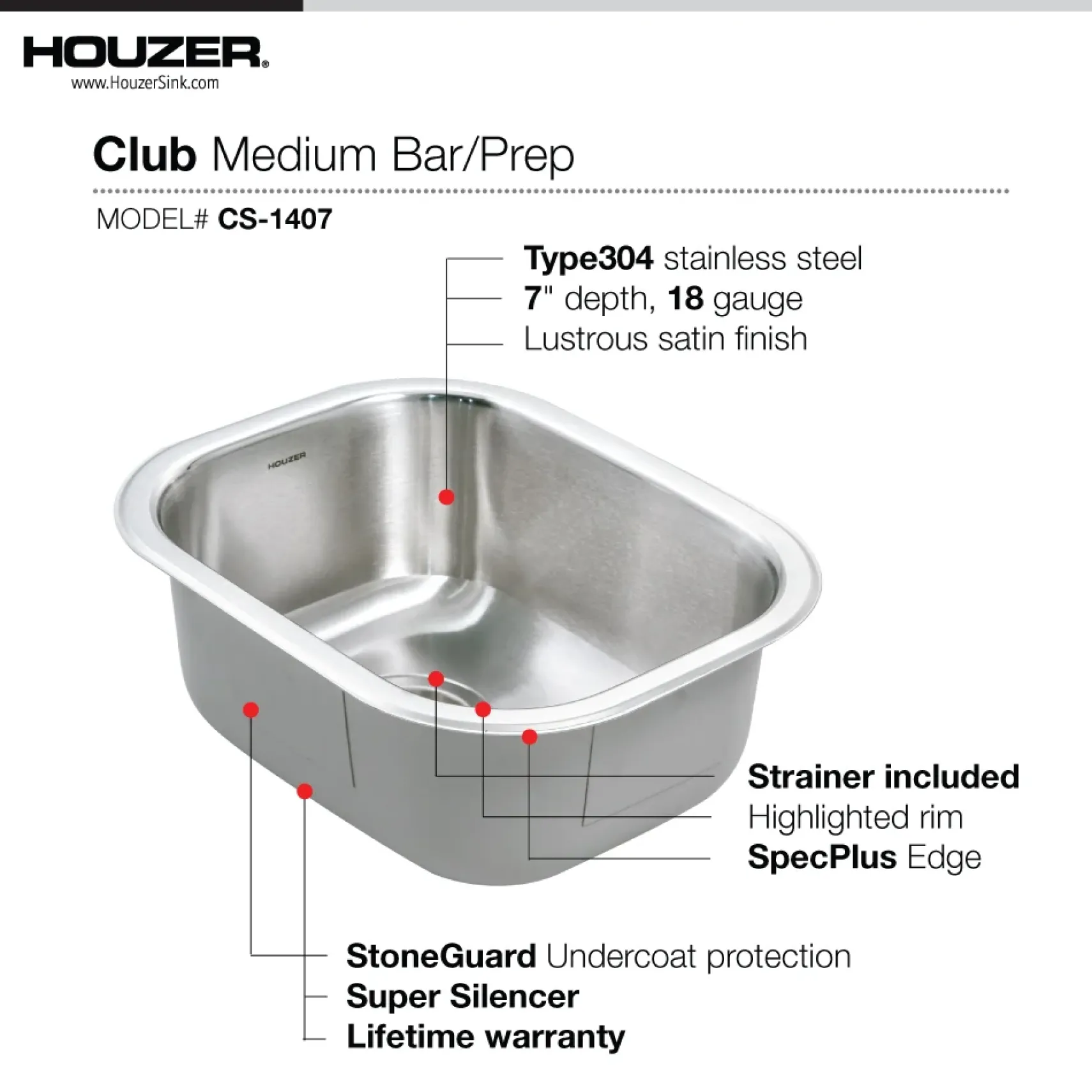 Houzer Club 14 inch Stainless Steel Undermount Medium Bowl Bar Sink with Strainer & Grid - 18 Gauge, CS-1407-C