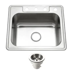 Houzer Glowtone 25" Stainless Steel Drop-in Topmount 4-hole Single Bowl 8 inch Deep Kitchen Sink with Strainer - 20 Gauge, 2522-8BS4-C