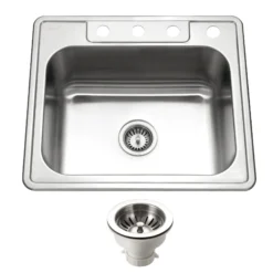 Houzer Glowtone 25" Stainless Steel Drop-in Topmount 4-hole Single Bowl 8 inch Deep Kitchen Sink with Strainer - 20 Gauge, 2522-8BS4-C