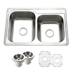 Houzer Glowtone 33" Stainless Steel Topmount 1-hole 60/40 Double Bowl Kitchen Sink Strainers & Grids - 20 Gauge, ISL-3322BS1-C