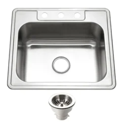 Houzer Glowtone 25" Stainless Steel Drop-in Topmount 3-hole Single Bowl 8 inch Deep Kitchen Sink with Strainer - 20 Gauge, 2522-8BS3-C
