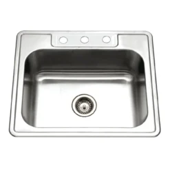 Houzer Glowtone 25" Stainless Steel Drop-in Topmount 3-hole Single Bowl 8 inch Deep Kitchen Sink with Strainer - 20 Gauge, 2522-8BS3-C