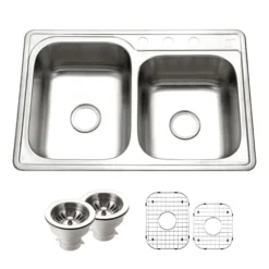 Houzer Glowtone 33" Stainless Steel Topmount 3-hole 60/40 Double Bowl Kitchen Sink with Strainers & Grids - 20 Gauge, ISL-3322BS3-C