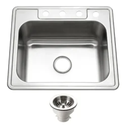 Houzer Glowtone 25" Stainless Steel Topmount 4-hole Single Bowl Kitchen Sink with 9 inch Depth, with Strainer - 18 Gauge, 2522-9BS4-C