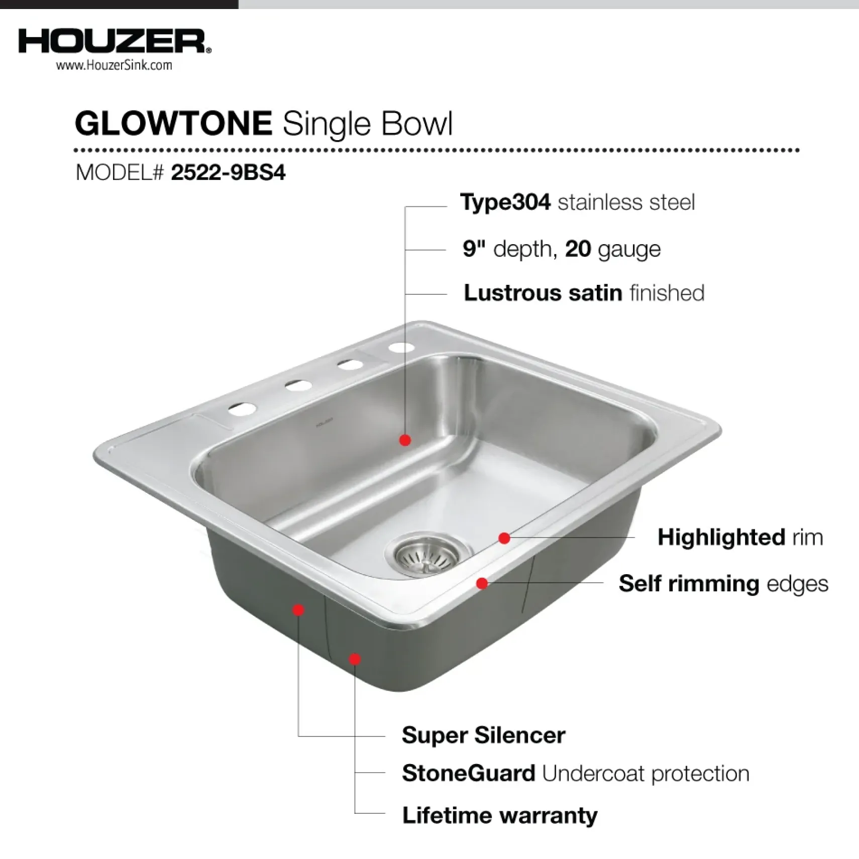 Houzer Glowtone 25" Stainless Steel Topmount 4-hole Single Bowl Kitchen Sink with 9 inch Depth, with Strainer - 18 Gauge, 2522-9BS4-C