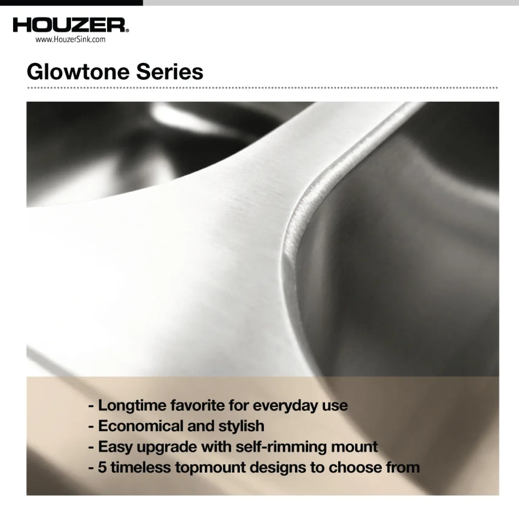 Houzer Glowtone 25" Stainless Steel Topmount 4-hole Single Bowl Kitchen Sink with 9 inch Depth, with Strainer - 18 Gauge, 2522-9BS4-C