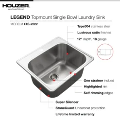 Houzer Laundry 25 inch Stainless Steel Drop-in Topmount 1-hole Single Bowl Sink with 12 inch Depth - 18 Gauge, LTS-2522-1