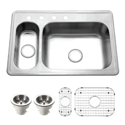 Houzer Legend 33" Stainless Steel Topmount 4-hole 80/20 Small Left Double Bowl Kitchen Sink with Strainer & Grids - 20 Gauge, LHD-3322-C