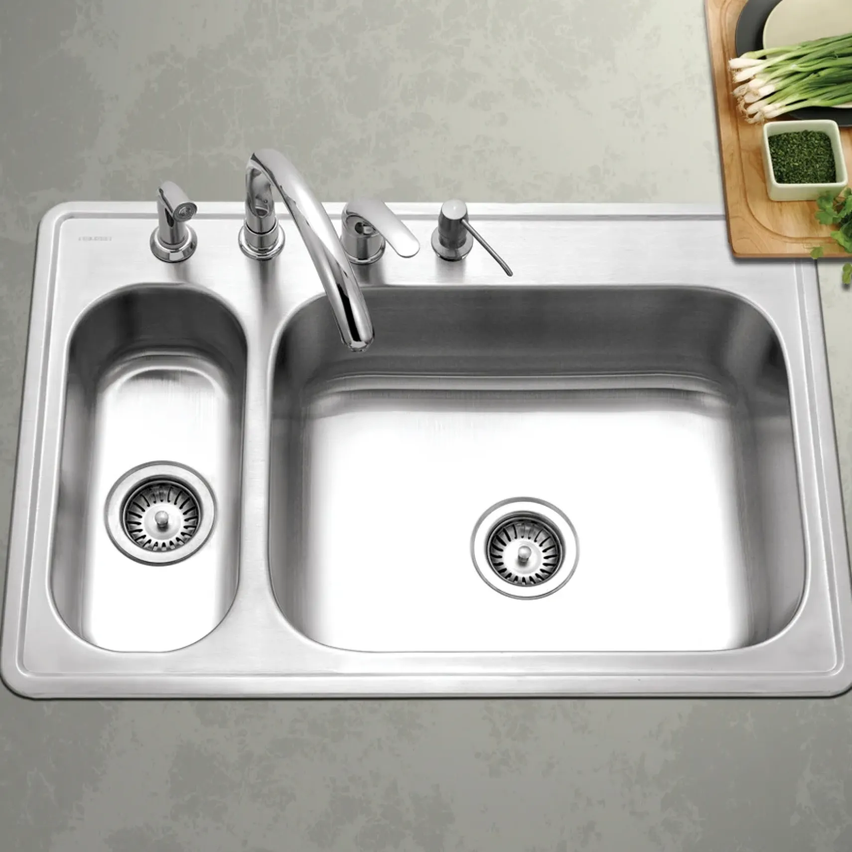 Houzer Legend 33" Stainless Steel Topmount 4-hole 80/20 Small Left Double Bowl Kitchen Sink with Strainer & Grids - 20 Gauge, LHD-3322-C